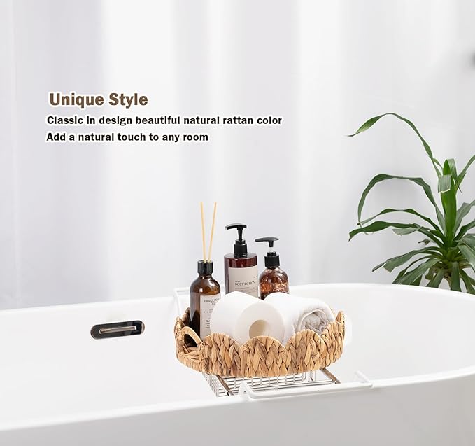 2-Pack Wicker Basket Tray, Round Serving Tray with Handles, Rattan Woven Decorative Tray, Natural Water Hyacinth Scalloped Tray for Home Decor and Desk Organizer