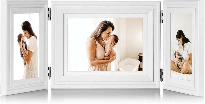 3 Vertical Horizontal Hinged Wood Picture Frame 4x6 and 5x7 Triple Folding Photo Frame Home Decor with Real Glass Front in White for Tabletop, Display 4x6 with Mat or 5x7 without Mat