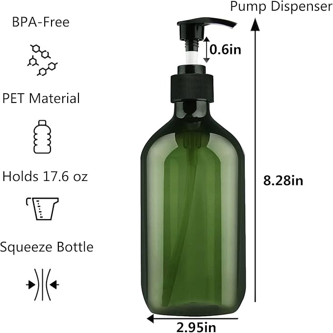 Empty Plastic Bottles with Pump Dispenser and 6pcs Labels Included, Refillable Travel Containers for Hand sanitizer Shampoo Lotion, etc - No BPA/Paraben, 500ml/16.9oz (3 Pack(Green))
