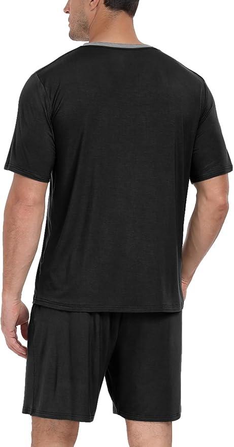 PrinStory Men's Pajama Set Sleepwear Pjs Lightweight Quick Dry Short Sleeve V-Neck Shirts and Shorts Soft Comfy Sleep Sets