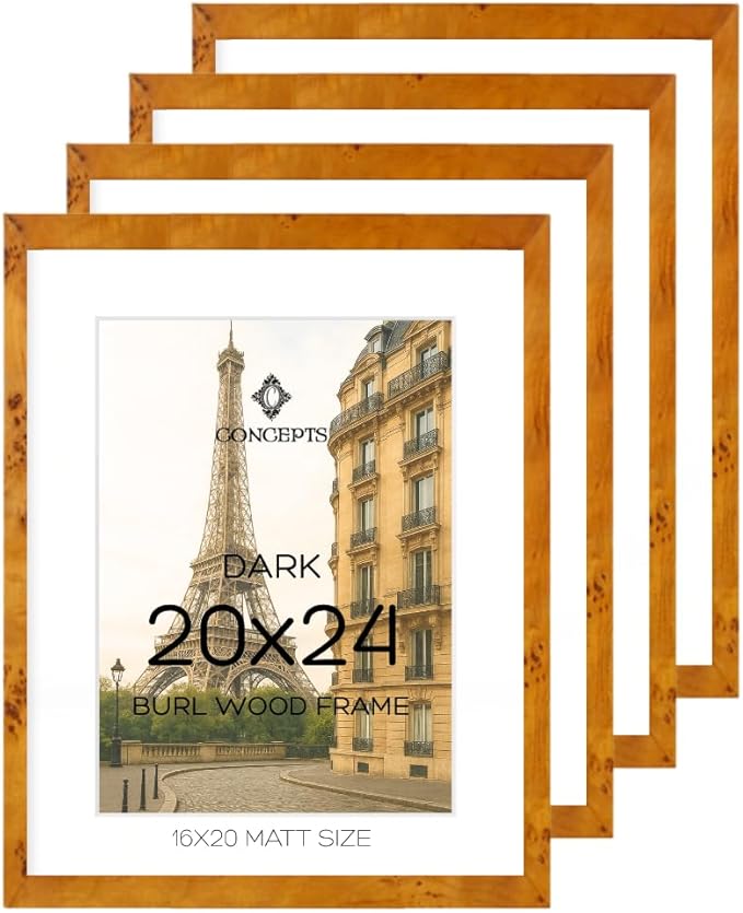 Concepts Set of 4 20X24 Burl Wood Picture Frames with Matt (16X20), Dark Wood Finish, Eco-Friendly Packaging – Elegant Wallhung Decor for Family Photos
