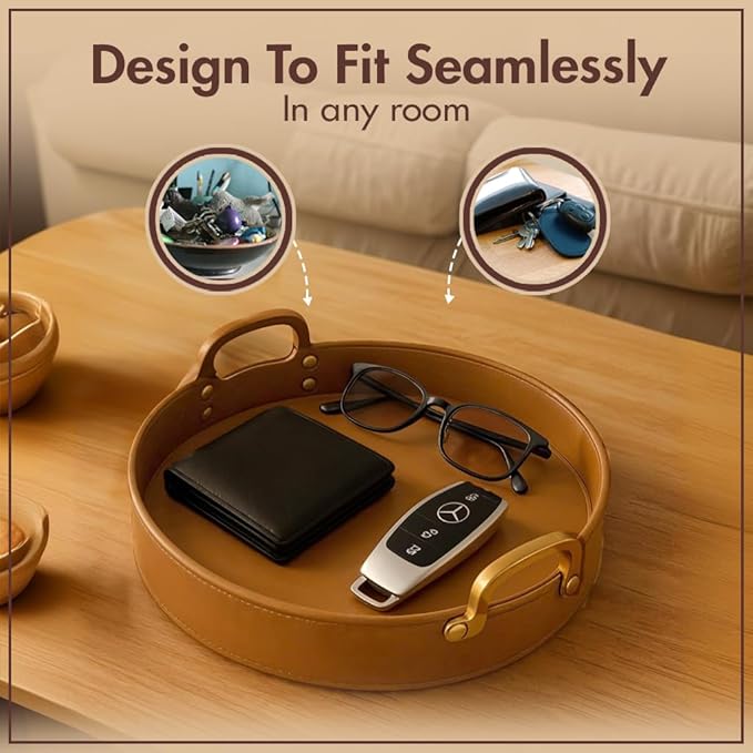 Stitched Round Leather Tray with Brass Handle Ideal for Serving Coffee Drinks Ottoman Tray for Office Home Kitchen Snack Counter Centerpiece Storage (Light Brown (16" x 16"))