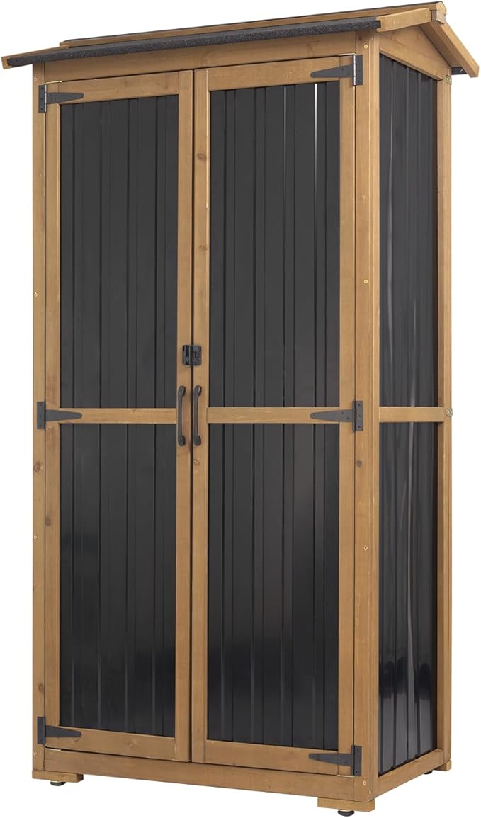 Ketive Outdoor Storage Cabinet, Wood & Metal Garden Cabinet with 3 Adjustable Shelf, Weather-Resistant Roof, Lockable Doors & Adjustable Feet for Patio, Garden, Farm (33" L x 21" W x 69" H)