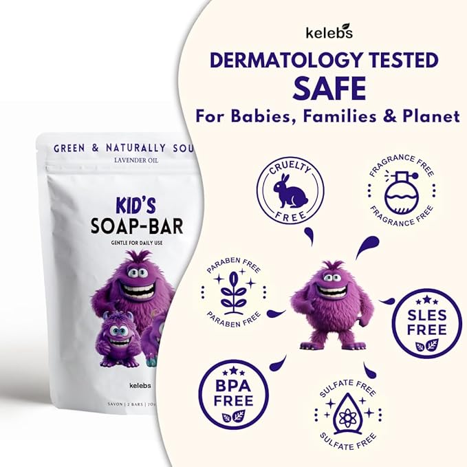 KELEBS Hypoallergenic Kids Soap Bar 2-Pack - Organic & Gentle Lavender Oil Body Wash for Children - Natural Ingredients, Fun Bath Time
