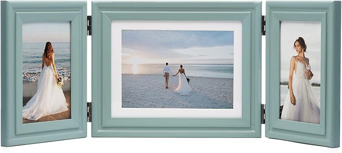 3 Vertical Horizontal 4X6 and 5X7 Picture Frames Hinged Wood Folding Photo Frames with Real Glass Front Fit for Desktop or Tabletop, Teal Blue XLAN-V46H75V46