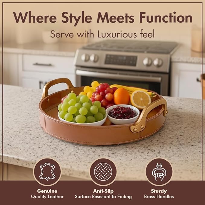 Stitched Round Leather Tray with Brass Handle Ideal for Serving Coffee Drinks Ottoman Tray for Office Home Kitchen Snack Counter Centerpiece Storage (Light Brown (16" x 16"))