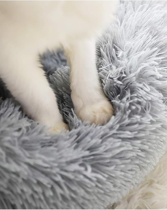 Plush Calming Donut Dog Bed for Small to Medium Dogs, 28 Inch Round Pet Bed | Soft Faux Fur Puppy Bed with Raised Rim for Curling and Head Support; Washable Round Pet Bed for Small to Medium Dogs or Cats