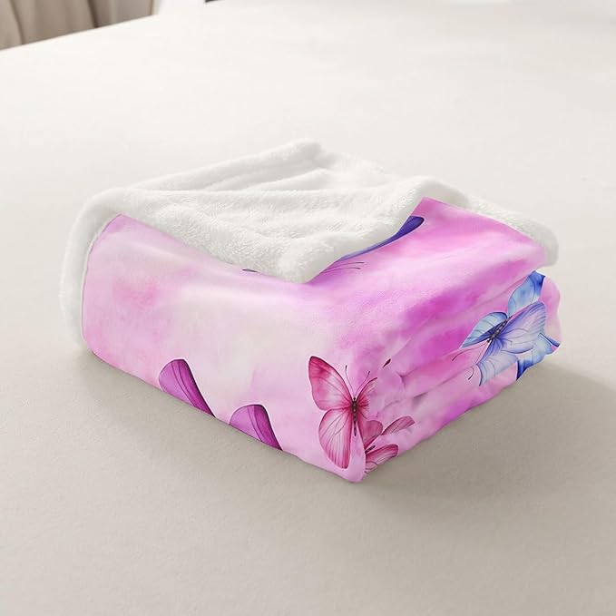 Feelyou Girls Butterfly Fleece Throw Blanket 40"x50" Kids Tie Dye Watercolor Sherpa Blanket Plush Fuzzy for Bed Couch Chair Living Room, Dreamy Girly Bed Blanket Pink Room Decor