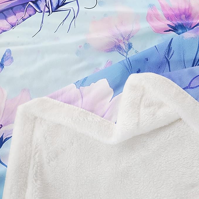 Feelyou Girls Fleece Throw Blanket Throw 50"x60" Kids Blue Butterfly Sherpa Blanket Plush Fuzzy for Bed Couch Chair Living Room, Floral Flower Bed Blanket Cute Watercolor Room Decor