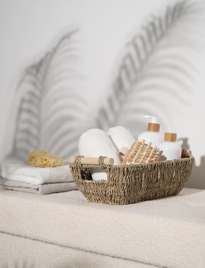 StorageWorks Small Baskets for Bathroom, Seagrass Woven Basket with Wooden Handles for Gifts, 2-Pack