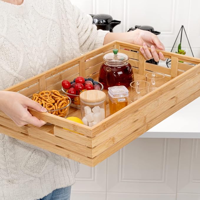 Restaurantware-20.75 x 13 x 3.75 Inch Breakfast Tray, 1 Rectangle Tray With Handles - Pallet Design, Chip-resistant, Bamboo Butler Holding Serving Tray, Shatterproof, For Meals, Snacks, And Beverages