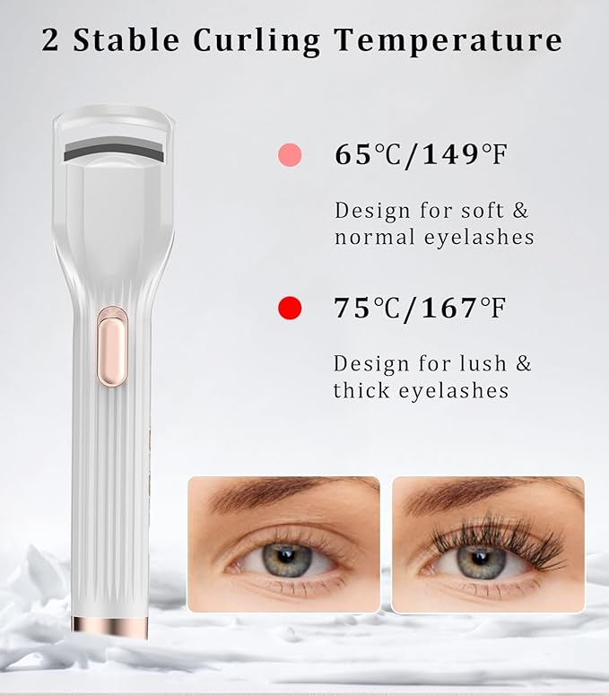 Heated Eyelash Curler Premium PRO - Fast Heat up in 8s - 24 Hours Long Lasting - Rechargeable Electric Eyelash Curler with Type-C, Innovative L Silicone, 2 Heat Modes, Anti-Burn Eyelid, White-FC