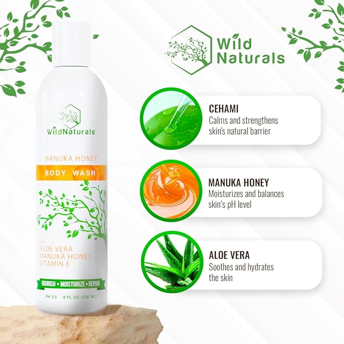 Wild Naturals Eczema & Psoriasis Cream for Dry, Itchy Skin + Manuka Honey Eczema and Psoriasis Body Wash – Organic, Natural Body Wash with Aloe Vera, Cehami, and Manuka Honey