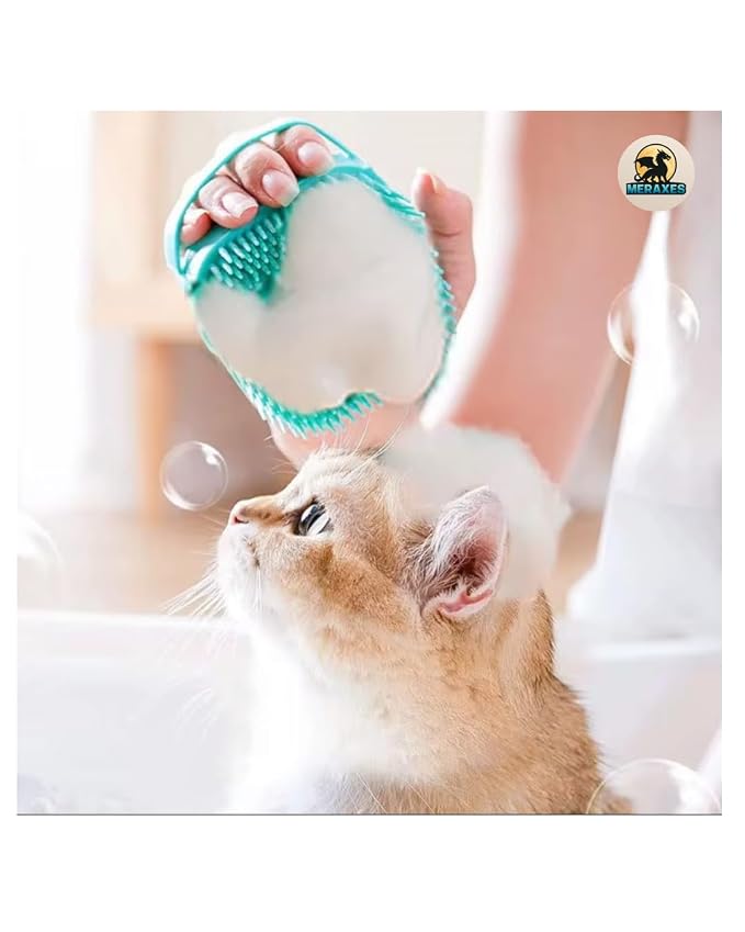 MERAXES Pet Grooming Bath Brush with Soap Dispenser – Soft Silicone Massage Bristles for Dogs & Cats, Gentle Deshedding & Deep Cleaning for Long or Short Hair – BLU