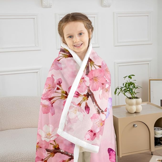 Feelyou Girls Pink Butterfly Fleece Throw Blanket Twin 60"x80" Kids Cherry Blossom Sherpa Blanket Plush Fuzzy for Bed Couch Chair Living Room, Floral Flower Bed Blanket Room Decor