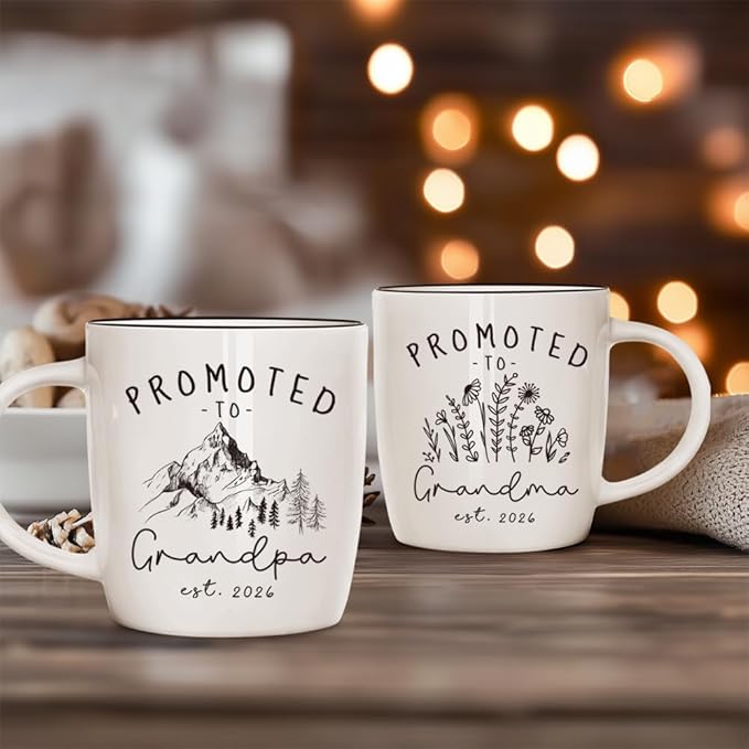 Promoted to Grandparents 2026 Coffee Mugs Set，Est 2026 Mug Set Pregnancy Announcement for Grandma Grandpa, New Grandparent Reveal Ceramic Cups, Expecting Baby Reveal Gift for Parents to Be，13oz