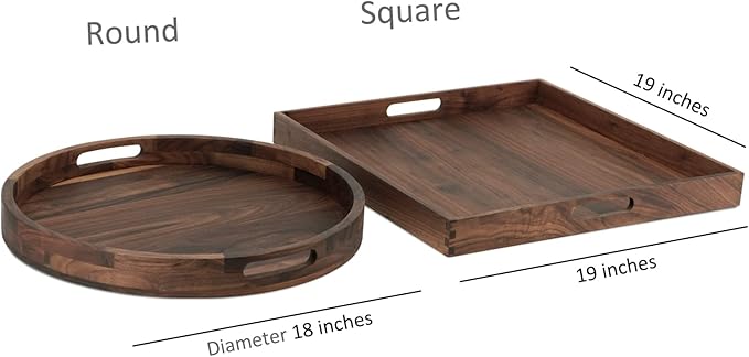 Set of 2 Large Black Walnut Wood Ottoman Tray with Handles, Serve Tea, Coffee, Classic Wooden Decorative Serving Tray (19 inch Square &18 inch Round)