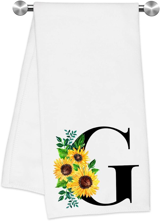 Monogrammed Sunflower Hand Towels,Ini-tial G Tea Towel Letter Kitchen Towels,Sunflower Gifts for Women,Monogram Dish Towel 17x23 Inch,Kitchen Bathroom Decorative Ini-tial Gifts for Mom Wife
