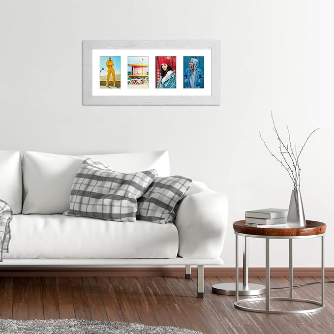 8x20 Picture Frame Display 4 opening 4X6 Picture Frame Collage,Multi Photo Frame with Mat,Plexiglass,Wall or Tabletop Decor,Distressed White Wood Grain