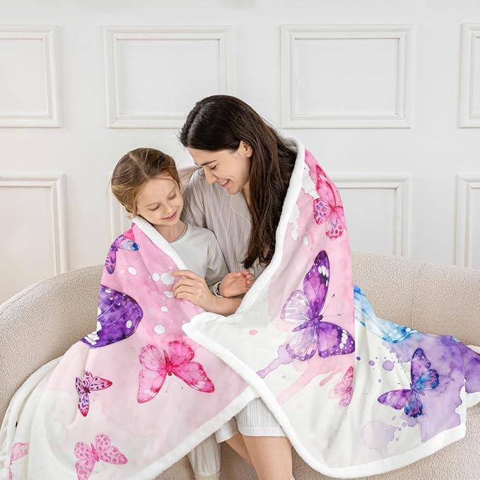 Feelyou Girls Watercolor Butterfly Fleece Throw Blanket 40"x50" Kids Pink Purple Sherpa Blanket Plush Fuzzy for Bed Couch Chair Living Room, Girly Bed Blanket Room Decor