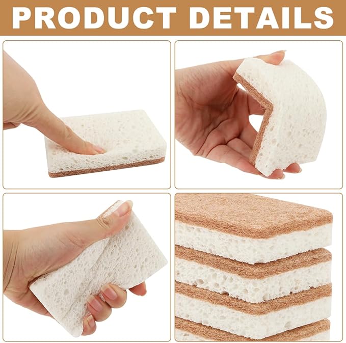12pcs Natural Sponges for Dishes, Biodegradable Compostable Cellulose and Coconut Scrubber Sponge, Non-Scratch Reusable Cleaning Sponge for Removing Dirt and Oil in The Kitchen(Brown+White)