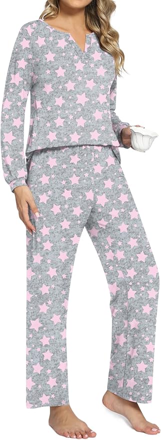 Anyally Women's Plus Size Pajama Sets Ladies Fall Pjs 2 Pieces Lounge Outfits V Neck Long Sleeves Sleepwear with Pockets