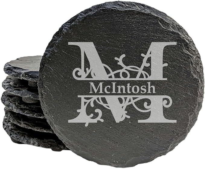 Nature's Touch: Personalized Slate Coasters with Vine Monogram - Round Slate - Set of 8