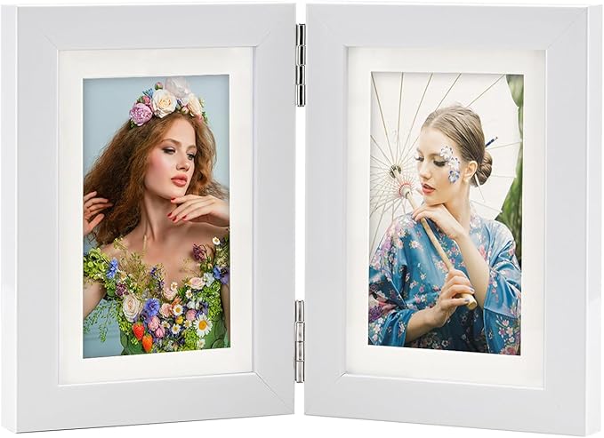 Double Hinged 4X6 Picture Frame with Real Glass-Tabletop or Wall Mounted, Display for 3X5 & 4X6 Photos (with/without Mat)-Matte White, For Family Photos & Wedding Memories-B46X2