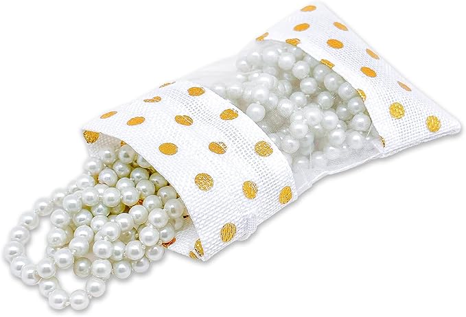 12-Pack Small Linen Burlap & Organza Gift Bags w. Drawstrings (3.5x5.5 in, White/Gold Polka) - Party Favors, Presents, Samples & Treats Mesh Pouch by The Display Guys