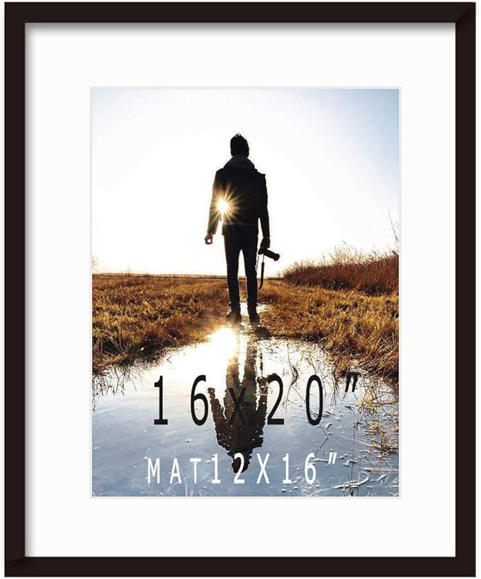 16x20inch Picture Frame Solid Wood Display Pictures 12x16 with Mat or 16x20 Wall Without Mounting Photo Frame Black（1pcs）