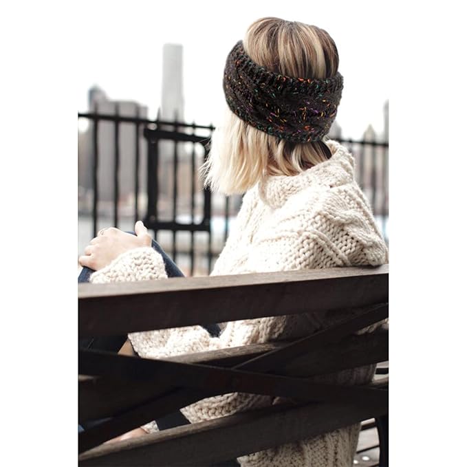 AQOKKA Knit Winter Headbands for Women Fuzzy Wool Fleece Lined Ear Warmers Elastic Turban Crocheted Head Wrap Winter Accessories for Women Cold Weather