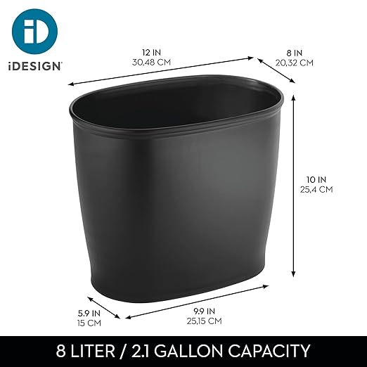 iDesign Small Oval Plastic Bathroom Trash Set of 2-Matte Black Waste Can