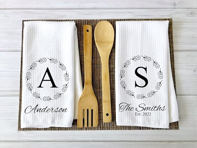 Personalized Kitchen Towel | Custom Tea Towel | Family Name Dish Towel | Kitchen Decor | Hand Towel | Housewarming Gift | Monogram Dishcloth (Wreath 9)