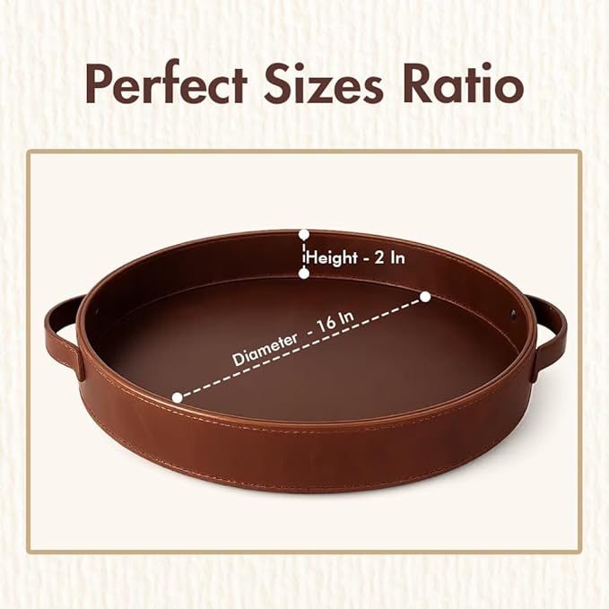 Stitched Round Leather Tray with Leather Handle Ideal for Serving Coffee Drinks Ottoman Tray for Office Home Kitchen Snack Counter Centerpiece Storage (Light Brown (16 x 16 Inch)