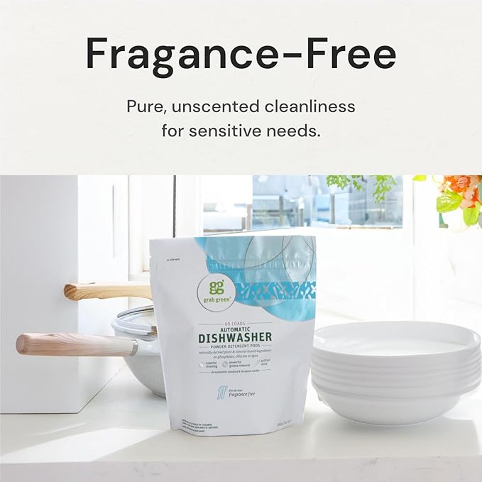Grab Green Automatic Dishwashing Detergent Pods, 60 Count, Fragrance Free, Plant and Mineral Based, Superior Cleaning, Powerful Grease Removal, Brilliant Shine