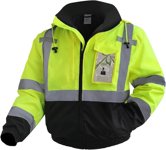 Reflective Jackets, High Vis Safety Work Jacket with Pockets for Men& Women, Construction Coats for Cold Weather, Waterproof Rain Gear, Class 3, Yellow-Black, L