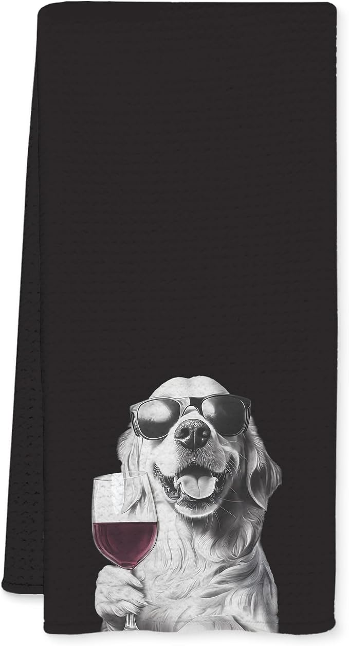 Golden Retriever Decor Kitchen Towels, Golden Retriever Gift Dish Tea Towel for Kitchen Decor, Bar Towels for Bartender, Wine Lover Gifts, 16x24 Inch (Black)