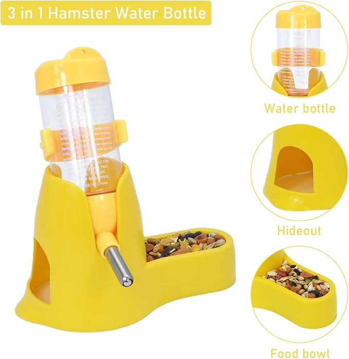 Wontee 3 in 1 Hamster Water Bottle with Food Bowl Hideout Base 80ML, Yellow | Water dispenser, food container, hideout, stable base, easy to refill, for glass tank/cage, dwarf hamster/mouse/gerbil, 2.7oz