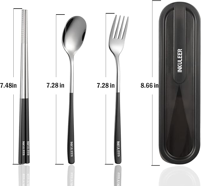 Travel cutlery set, 18/8 stainless steel cutlery, Reusable utensils set with case, Portable Silverware Lunch Box for Camping and Office (Black)