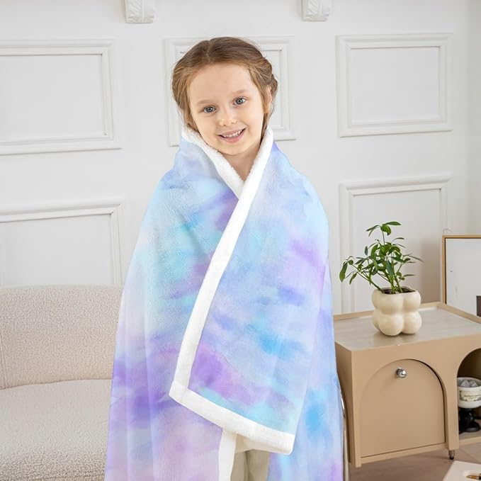 Feelyou Purple Blue Fleece Throw Blanket Queen 90"x90" Kids Tie Dye Watercolor Sherpa Blanket Plush Fuzzy for Bed Couch Chair Living Room, Dreamy Girly Bed Blanket Room Decor