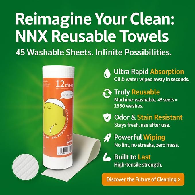 NNX Reusable Paper Towels 12 Count – OEKO-TEX Standard 100 Certified, Plant-Based Fiber, Washable Quick Dry Heavy Duty Kitchen Rags & Dish Cloths for Multi-Purpose Cleaning