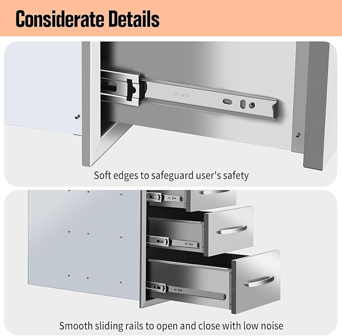 Outdoor Kitchen Drawers Stainless Steel 14W x 20.3H x 23D Inch, Flush Mount Triple BBQ Island Drawers with Handle for Outdoor Kitchens, Patio or Grill Station