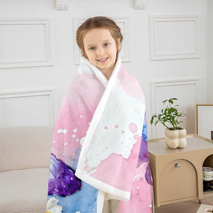 Feelyou Girls Watercolor Butterfly Fleece Throw Blanket Queen 90"x90" Kids Pink Purple Sherpa Blanket Plush Fuzzy for Bed Couch Chair Living Room, Cute Daisy Bed Blanket Room Decor