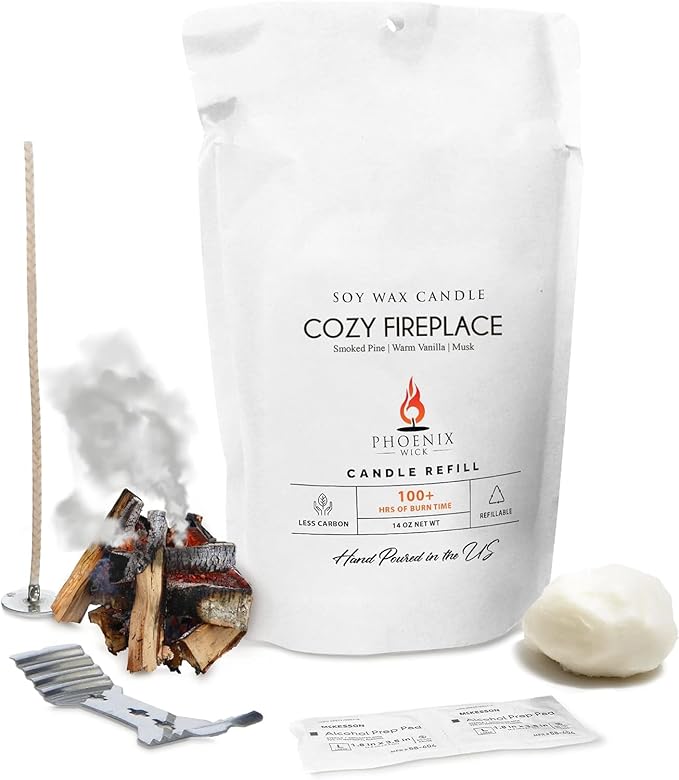 Phoenix Wick Candle Making Kit – Transform Anything Into A Candle – Candle Making Kit with Wick + 14oz Wax (Cozy Fireplace)