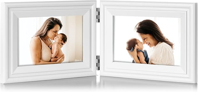 4x6 Double Horizontal Hinged Picture Frame Folding Photo Frame in White Pine Wood with Real Glass for Tabletop X2-BAI-2H46