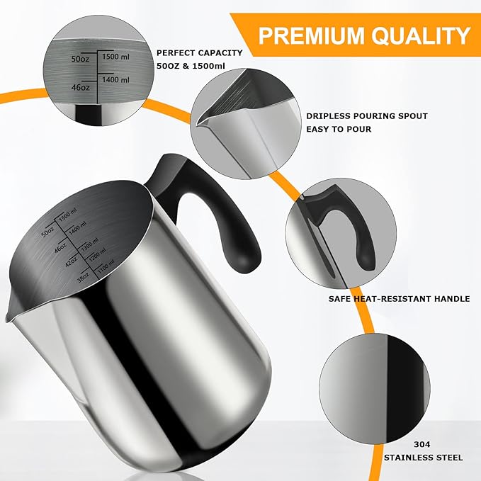 Candle Making Pouring Pot, 1500 ML/50 OZ Candle Pouring Pitcher, 304 Stainless Steel Candle Making Pitcher with Heat-Resistant Handle and Dripless Pouring Spout Design