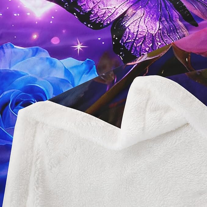 Feelyou Girls Butterfly Fleece Throw Blanket Queen 90"x90" Kids Dreamy Purple Butterflies Sherpa Blanket Plush Fuzzy for Bed Couch Chair Living Room, Rose Flower Bed Blanket Room Decor
