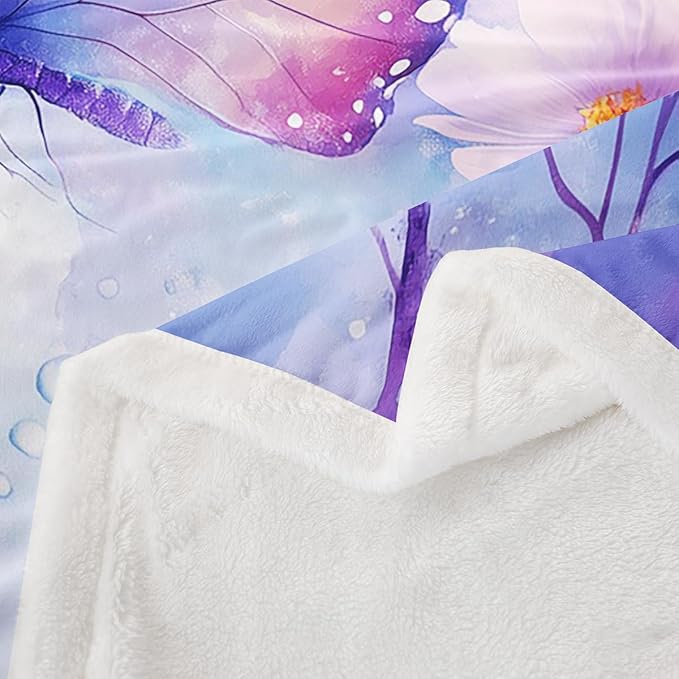 Feelyou Blue Butterfly Fleece Throw Blanket 40"x50" Kids Girls Sherpa Blanket Plush Fuzzy for Bed Couch Chair Living Room, Floral Flower Bed Blanket Cute Watercolor Room Decor