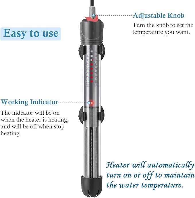 HITOP 100W 200W 300W Adjustable Aquarium Heater, Submersible Fish Tank Heater Thermostat with Suction Cup