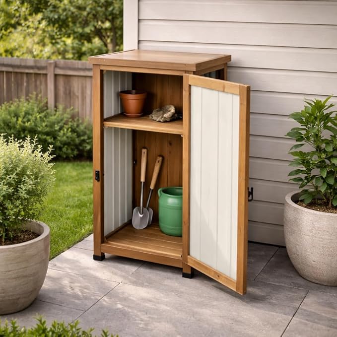 Ketive Outdoor Storage Cabinet with Metal Worktop, Small Garden Storage Cabinet with Adjustable Shelf, Weather-Resistant Fir Wood Tool Organizer for Patio, Backyard, Porch or Balcony